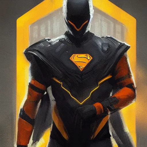 Image similar to portrait of a superhero by greg rutkowski, he looks like miles teller, he is wearing a black, orange and yellow kevlar gear, highly detailed portrait, digital painting, artstation, concept art, smooth, sharp foccus ilustration, artstation hq