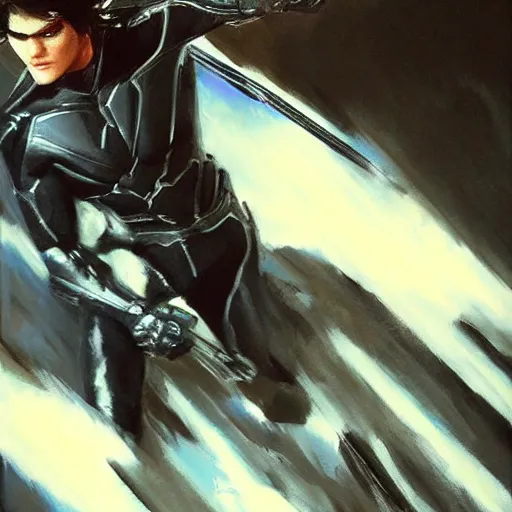 Image similar to close up of nightwing in full leather armor, cinematographic shot, by daniel f. gerhartz