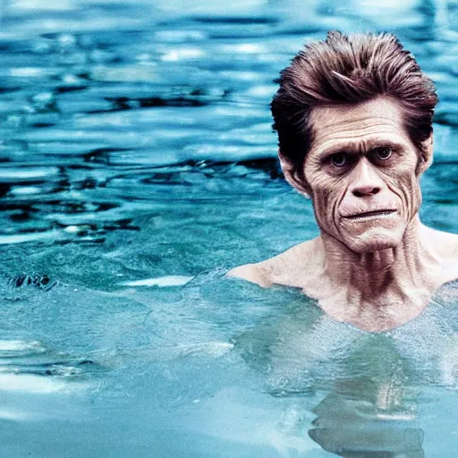 Prompt: photograph of Willem Dafoe sitting underwater, thinking intensely