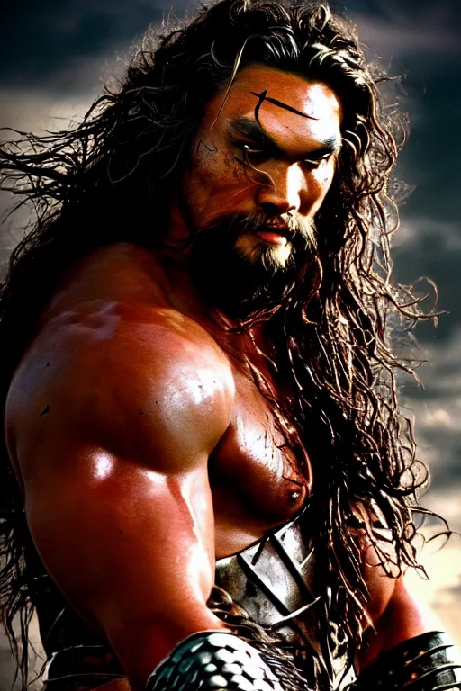 Prompt: closeup portrait of jason momoa conan the barbarian thor fighting zombies on a post apocalyptic battlefield, wearing royal crimson fantasy ornate spartan dragon scale armor, volumetric lighting, wet skin and windblown hair, muscular!!!, battle action pose, frank frazetta, boris vallejo, greg rutkowski cinematic light, frank miller, ridley scott, high contrast