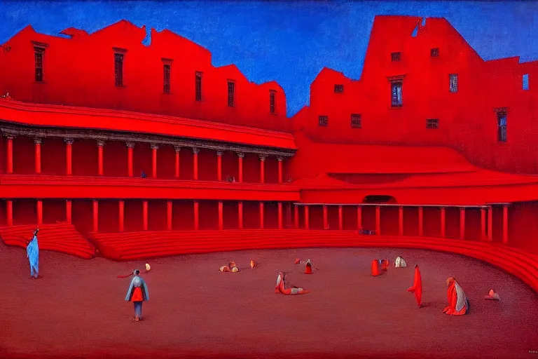 Image similar to only with red, a red great emperor, taormina amphitheatre, expressive crowd with big smile, in the style of beksinski, parts by edward hopper, parts by rodcenko, parts by yue minjun, intricate and epic composition, red by caravaggio, insanely quality, highly detailed, masterpiece, red light, artstation, 4 k