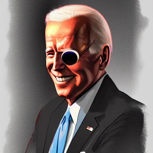 Image similar to smiling, happy, beautiful, intelligent, powerful, joe biden, loving eyes, fully clothed, wise, beautiful, dramatic lighting, sharp focus, by stanley artgerm, dramatic lighting, trending on artstation, flat colour, geometric curves, gradient filter, art deco patterns