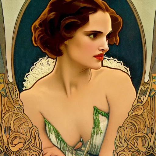 Image similar to a stylized closeup portrait of a young natalie portman, hair in arabesque forms, art nouveau, jugendstil, decorative background, painted by alphonse mucha