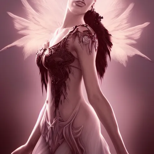 Image similar to perfectly - centered - portrait - photograph of an evil fallen angel wearing a dress, the perfect human female specimen, intricate, elegant, super highly detailed, professional digital painting, artstation, concept art, smooth, sharp focus, no blur, no dof, extreme illustration, unreal engine 5, 8 k, by anne stokes