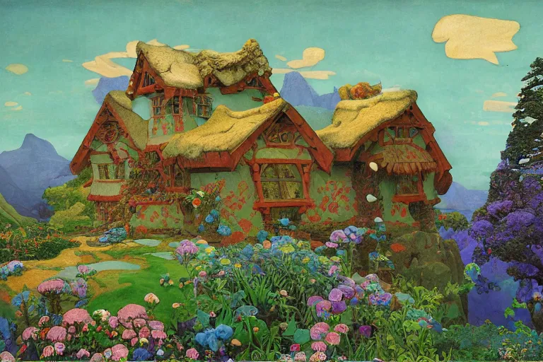 Image similar to the enchanted cottage and gardens of a wise woman on a mountaintop, dramatic cinematic lighting, folk-art carved painted wood house, rich colors, by Nicholas Roerich and William Dyce and ford madox brown and April Gornik and Caspar David Friedrich and Diego Rivera and Tyler Edlin and Ivan Bilibin