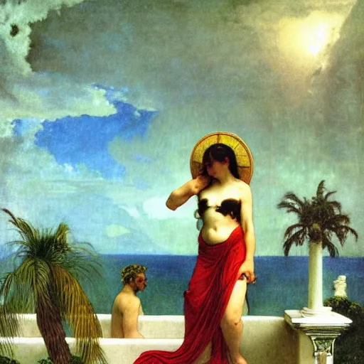 Image similar to Demon girl at the giant column, thunderstorm, greek pool, beach and palm trees on the background major arcana sky, by paul delaroche, alphonse mucha and arnold böcklin arnold böcklin hyperrealistic 8k, very detailed