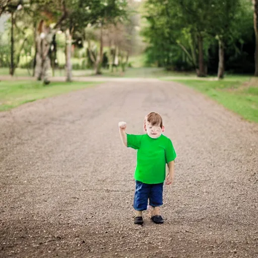 Image similar to small 3 year old boy in a white shirt with green sleeves holding a fist with crumpy look