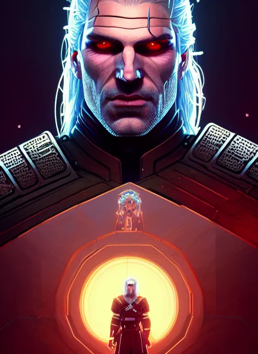 Image similar to symmetry portrait of geralt of rivia, sci - fi, tech wear, glowing lights intricate, elegant, highly detailed, digital painting, artstation, concept art, smooth, sharp focus, illustration, art by artgerm and greg rutkowski and alphonse mucha