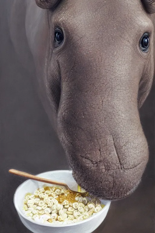 Prompt: a hippo eating cereal oil on canvas, intricate, portrait, 8k highly professionally detailed, HDR, CGsociety