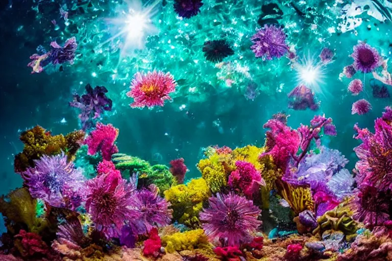 Prompt: alien flowers in a bright underwater crystal cave