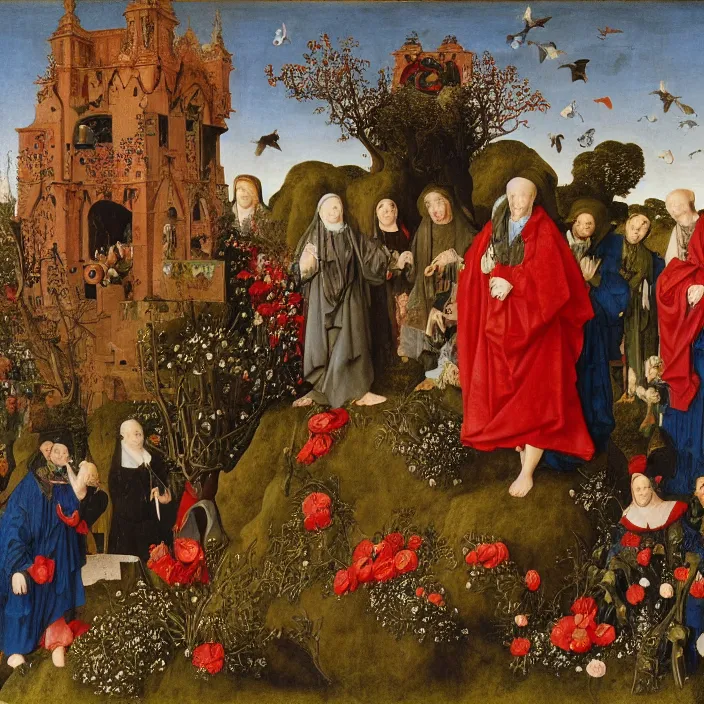 Image similar to a group of cloaked figures surround a bird on top of flowers, by Jan van Eyck