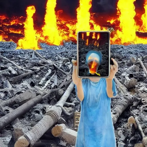 Image similar to , funny and frightened ukrainian burned to bones in dirty yellow and blue rags on the background of a huge nuclear explosion selfie 2 0 2 2, armageddon they will be dead and we go to paradise