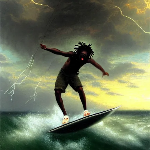 Prompt: a black boy with dreadlocks wakeboarding in a thunderstorm, by h.r. giger and thomas kinkade oil on canvas, 8k