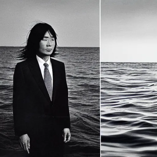 Image similar to japanese man with long hair in a suit standing in the ocean looking at the camera, wide shot, far away, zoomed out, distance!!!!!!! shot, sunset, album cover, 1980, tatsuro yamashita, ride on time