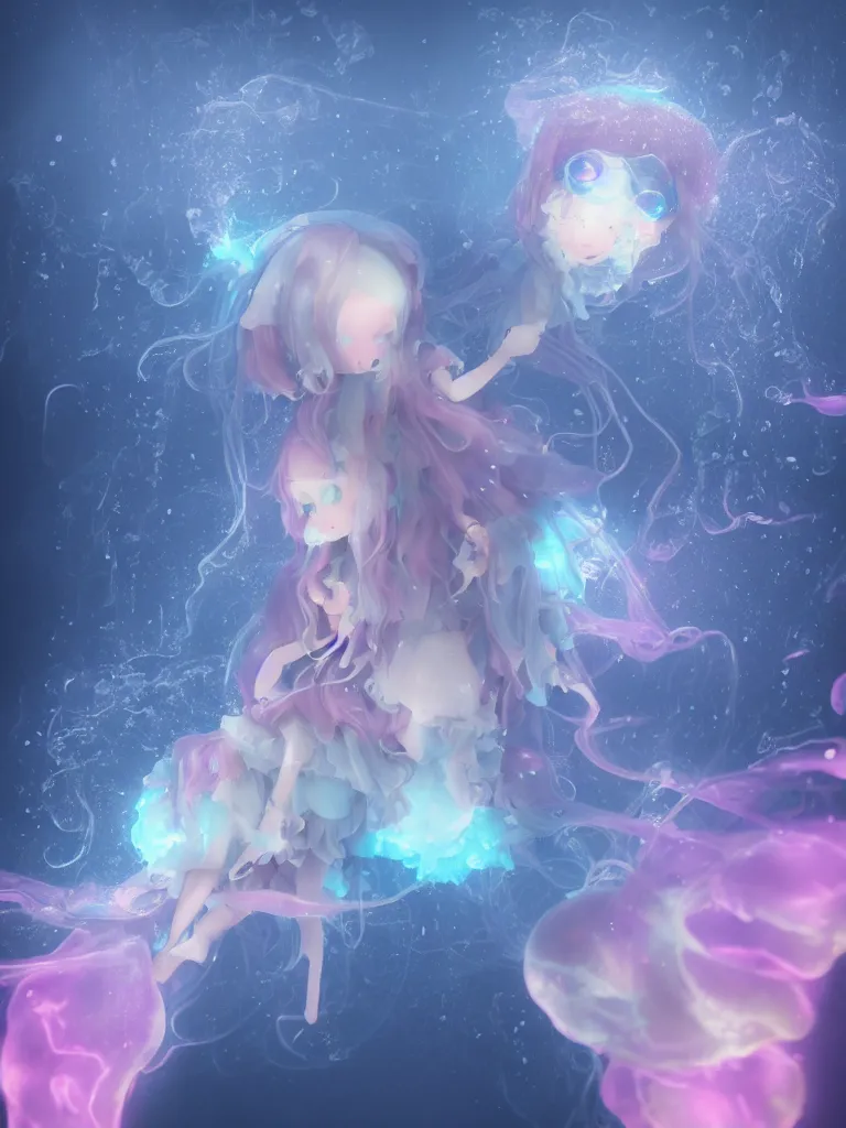 Image similar to cute fumo plush of an otherworldly translucent jellyfish goth girl floating in the deep sea, mysterious tattered maiden tendrils and dress, anime magical monster girl, heavy rain reflective water surface, glowing lens flare wraith girl, wisps of volumetric fog and smoke in refracted vortices, vignette, bokeh, vray