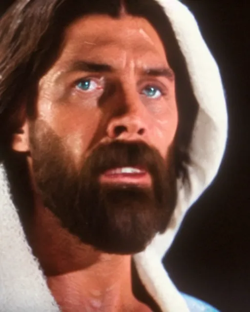 Prompt: film still close - up shot of vince mcmahon as jesus. photographic, photography