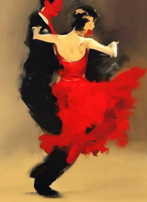 Image similar to tango dancer in red dress, painting by phil hale, fransico goya,'action lines '!!!, graphic style, visible brushstrokes, motion blur, blurry, visible paint texture, crisp hd image
