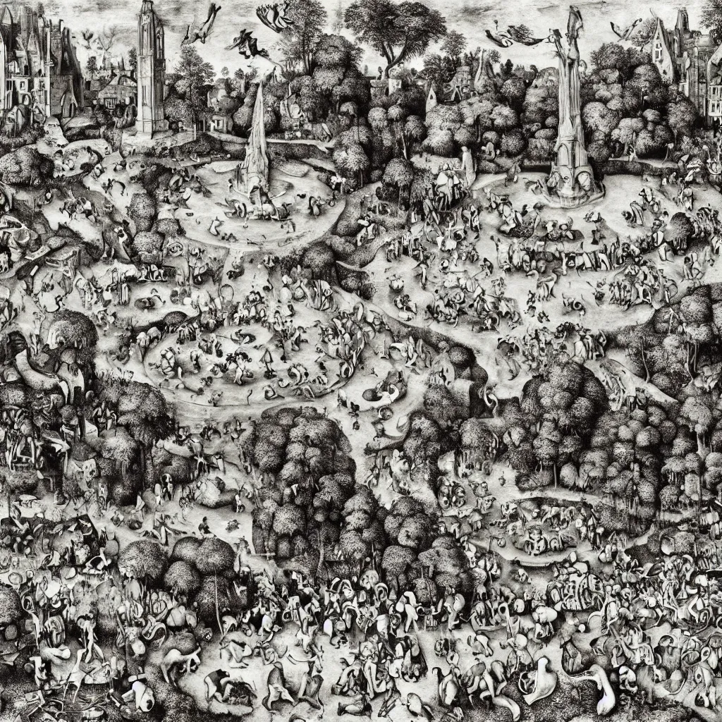 Prompt: garden of eden fountain highly detailed print by pieter bruegel