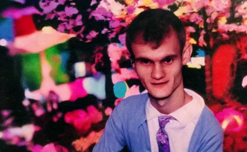 Prompt: a dreamy retro 8 0 s photo of vitalik buterin, bloomy, colorful, awesome