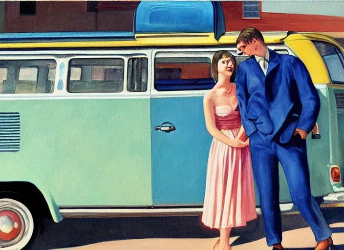 Image similar to detailed painting of two young men and women in front of blue colored vw bus by edward hopper, bernardo bertolucci dreamers movie scene