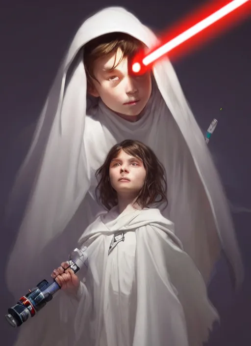 Image similar to perfectly - centered - portrait of a kid wearing white cloak holding light saber, intricate, highly detailed, digital painting, artstation, concept art, smooth, sharp focus, illustration, unreal engine 5, 8 k, art by artgerm and greg rutkowski and alphonse mucha