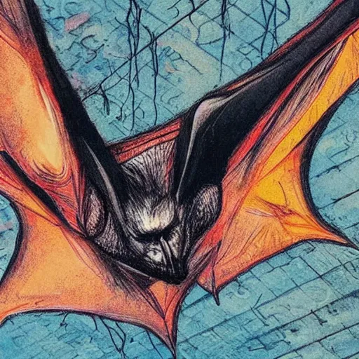 Prompt: a bat hanging upside down from the ceiling of a mental hospital, melancholy, psychedelic!, beautiful composition, beautiful vibrant colors, masterpiece