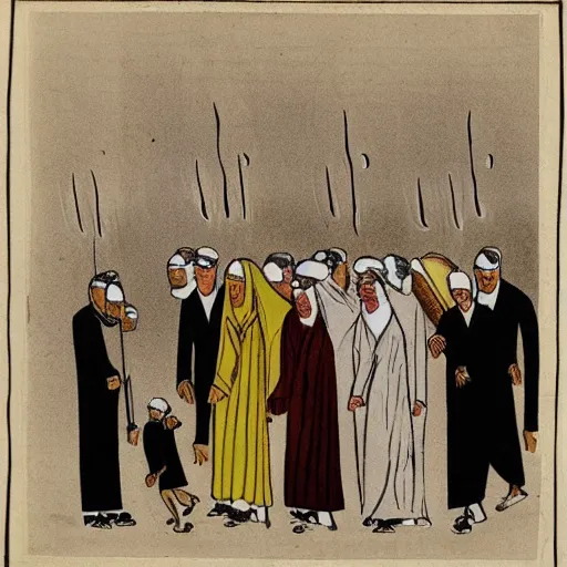 Image similar to Walk in a funeral procession, not in a marriage, arab, caricature