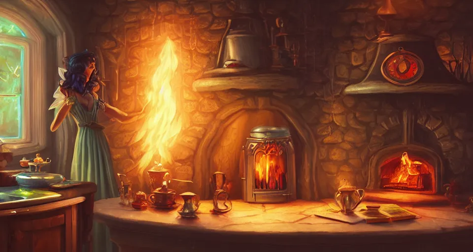 Image similar to a close - up of a fairy in a vintage magical kitchen, with a fireplace in the background d & d, fantasy, intricate, elegant, digital painting, artstation, concept art, smooth, sharp focus, sticker illustration