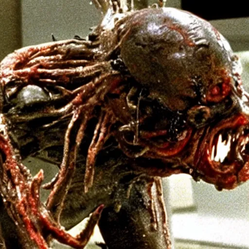 Prompt: a demonic vile disturbing disgusting horror visceral creature eating a human, from the thing, david cronenberg