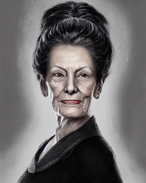 Image similar to portrait 6 0 - year - old woman, tall, severe - looking, with dark hair tied up in a bun, mcgonagall, wearing in black clothes, yper realistic face, beautiful eyes, character art, art by mark brooks, hyperdetailed, cryengine, trending on artstation, digital art