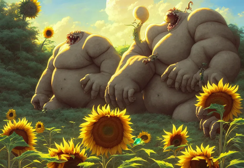 Image similar to chubby giant monster bones in the countryside with sunflower in the foreground, intricate oil painting, high detail illustration, sharp high detail, manga and anime 1 9 9 9, official fanart behance hd artstation by jesper ejsing and makoto shinkai, 4 k,