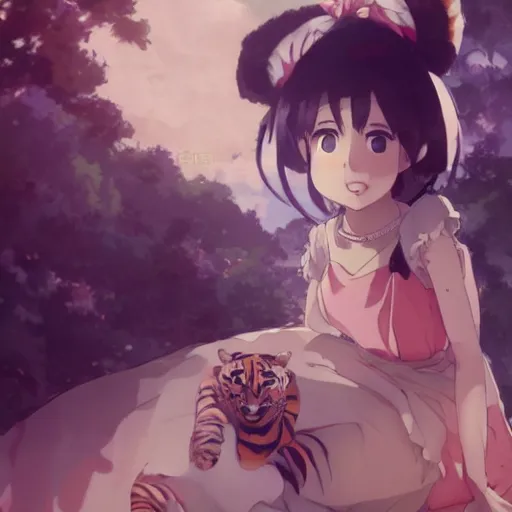 Image similar to a tiger wearing a dress, illustration concept art anime key visual trending pixiv fanbox by wlop and greg rutkowski and makoto shinkai and studio ghibli and kyoto animation symmetrical facial features
