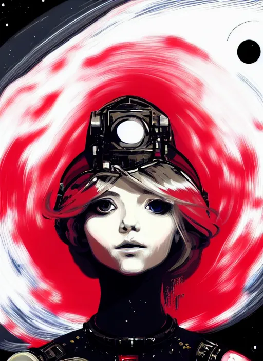 Prompt: highly detailed portrait of a hopeful pretty astronaut lady with a wavy blonde hair, by Andrew Atroshenko, 4k resolution, nier:automata inspired, bravely default inspired, vibrant but dreary but upflifting red, black and white color scheme!!! ((Space nebula background))