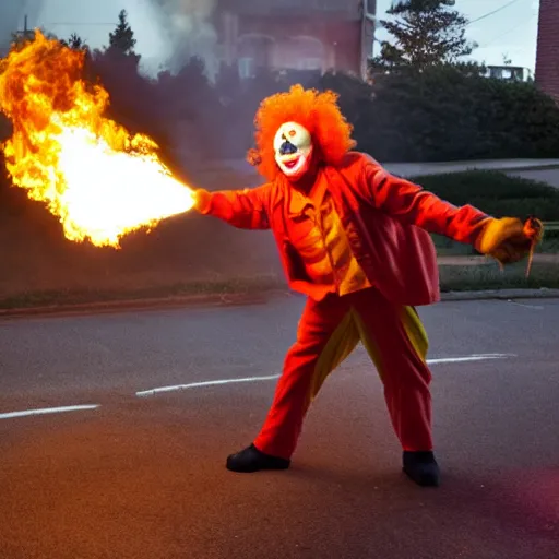 Image similar to photo of a clown using a flamethrower projecting a long bright flame towards a dumpster fire