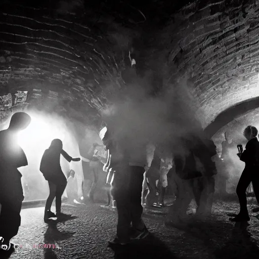 Image similar to underground party with smoke and laser system in paris catacombs, les catacombes, people dancing, dark, uv, techno, bones, underground party, photography canon