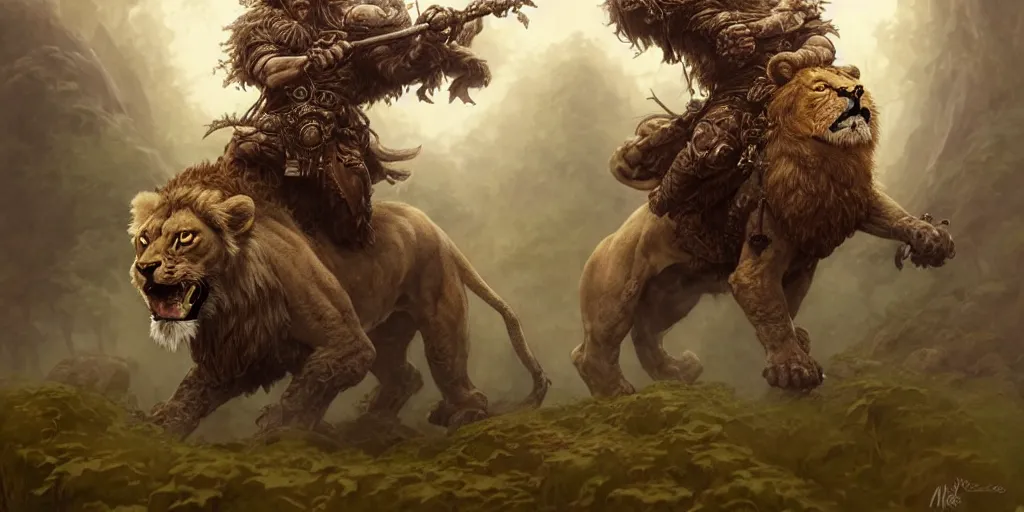 Image similar to halfling druid ranger riding a lion, realistic, ultra detailed, fantasy character portrait, ultra realistic, wide angle, intricate details, highly detailed by peter mohrbacher, hajime sorayama, wayne barlowe, boris vallejo, aaron horkey, gaston bussiere, craig mullins