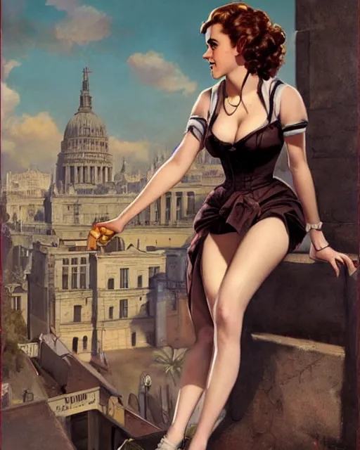 Image similar to pinup photo of hermione granger by emma watson in the crowded square of the city, by greg rutkowski, gil elvgren, enoch bolles, kezie demessance, glossy skin, pearlescent, very coherent, very detailed