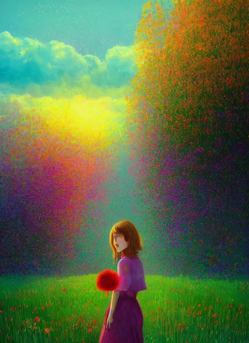 Image similar to girl with flower as a face, flower dress, standing in a flower field, big trees, sunrise dramatic light, impressionist painting, colorful clouds, digital painting, pointillism, artstation, simon stalenhag