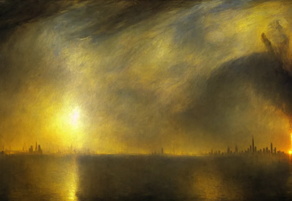 Prompt: a nuclear warhead detonating over the manhattan skyline in the style of william turner. dramatic concept art, 4k, high detail, volumetric lighting