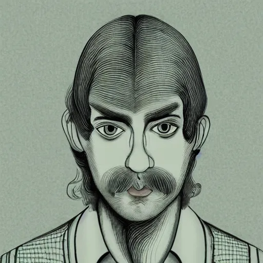 Image similar to young man, long hair!!!!, short facial hair, no mustache, dark green eyes, dark eyebrows, light widows peak light facial hair, in the style of mauritz cornelis escher, in - frame