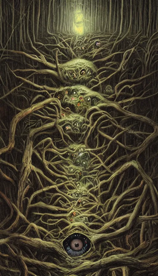 Image similar to a storm vortex made of many demonic eyes and teeth over a forest, by dan witz