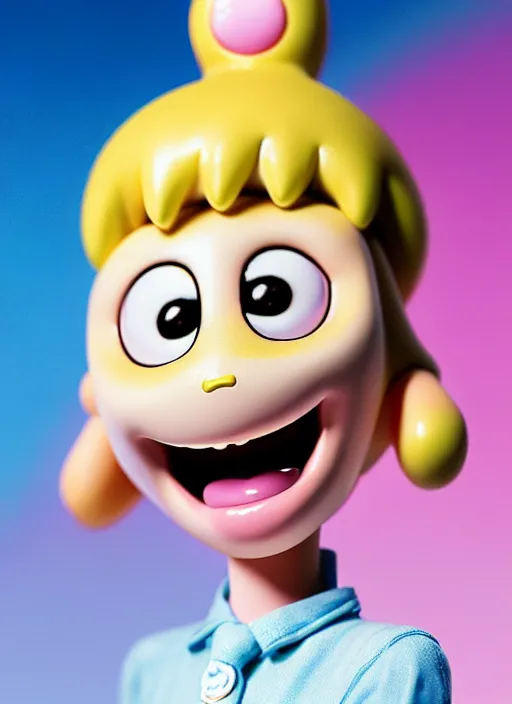 Prompt: a hyperrealistic lowbrow oil panting of a looney kawaii vocaloid figurine caricature with a big dumb goofy grin and pretty sparkling anime eyes featured on wallace and gromit by arthur szyk