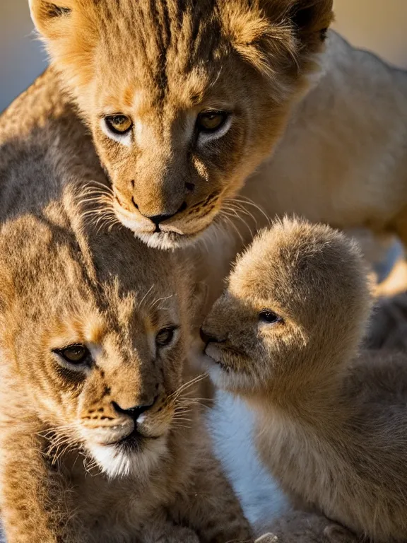 Prompt: 4K HD, high detail photograph, shot with Sigma f/ 4.2 , 250 mm sharp lens, shallow depth of field : (subject= baby lion playing with a baby duck + subject detail= accurate body features, consistent, high detailed light refraction , high level texture render)