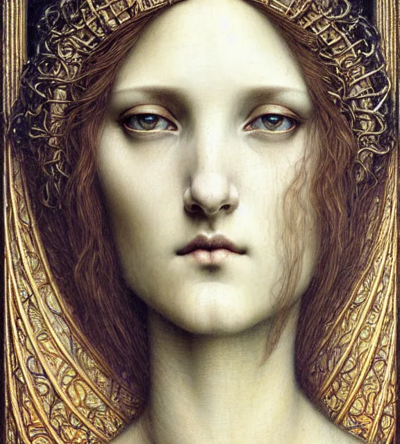 Image similar to detailed realistic beautiful young medieval queen face portrait by jean delville, gustave dore and marco mazzoni, art nouveau, symbolist, visionary, gothic, pre - raphaelite. horizontal symmetry