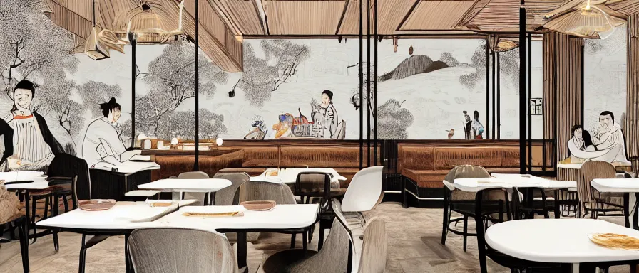 Image similar to a beautiful interior view illustration of a small roasted string hotpot restaurant in yan'an city, restaurant wall paper is a tower on a mountain, rectangle white porcelain table, people are eating, black chair, animation illustrative style, from china, simple style structure decoration design, victo ngai, james jean, 4 k hd