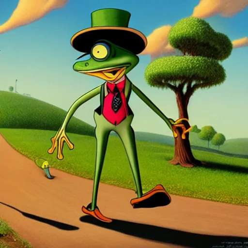 Image similar to highly detailed matte painting in the style of michigan j. frog, a tree frog walking down the road by mark ryden, chuck jones, lowbrow, 8 k resolution