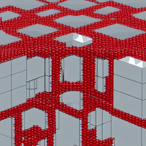 Prompt: chrome spheres on a red cube, voxels