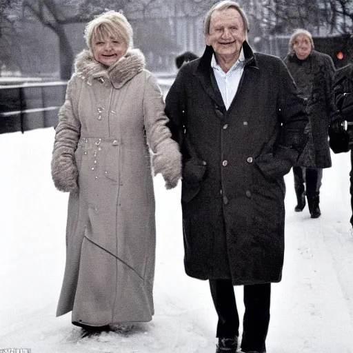 Prompt: Olof Palme and his wife peacefully strolling down Sveavägen in Stockholm a winter evening in 1986