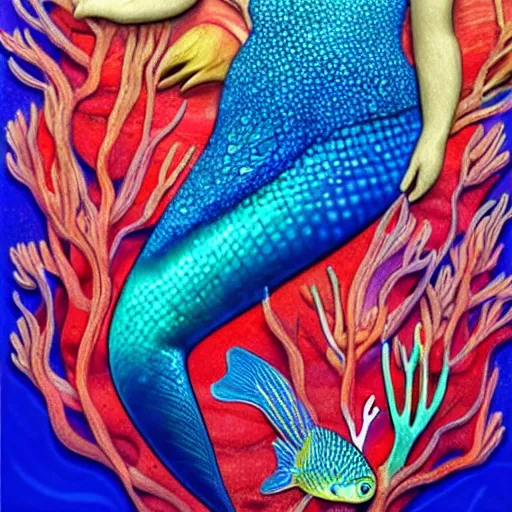 Image similar to a beautiful mermaid underwater, brightly coloured fish, coral and seaweed, hyper - realistic, mystic, detailed