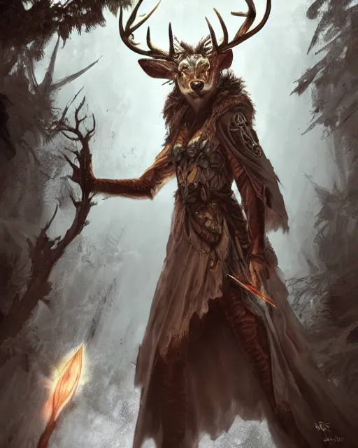 Image similar to Deer Shapeshifter Druid Mage, D&D, artstation, fantasy, magic the gathering artwork, cinematic lighting, centered, symmetrical, highly detailed, digital painting, , concept art, smooth, sharp focus, illustration, volumetric lighting, epic Composition, 8k, art by Akihiko Yoshida and Greg Rutkowski and Craig Mullins, oil painting, cgsociety